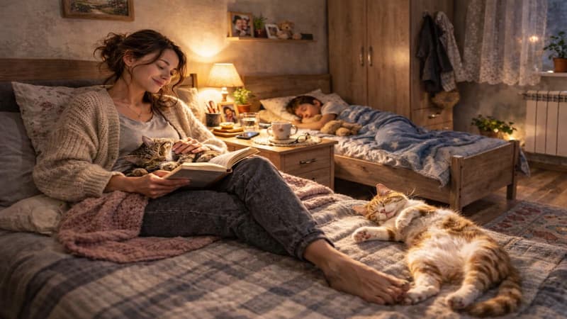 Yatakta uyuyan iki kedi ve huzurlu bir anne figürü